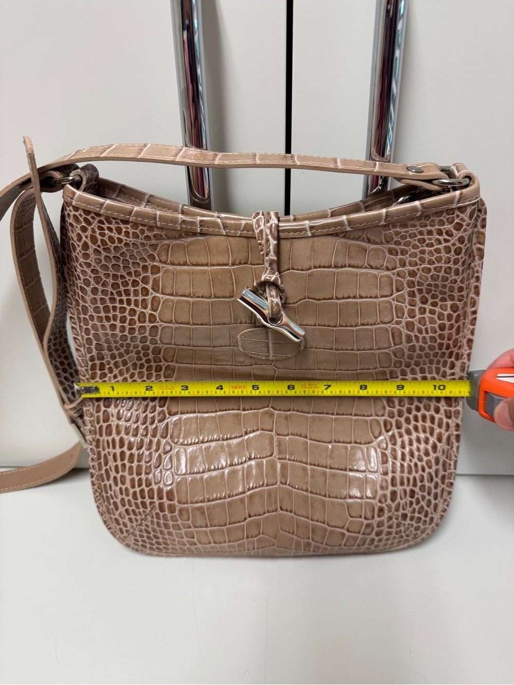 Longchamp Taupe Crocodile Embossed Leather Crossbody / Shoulder Bag - Picture 10 of 13
